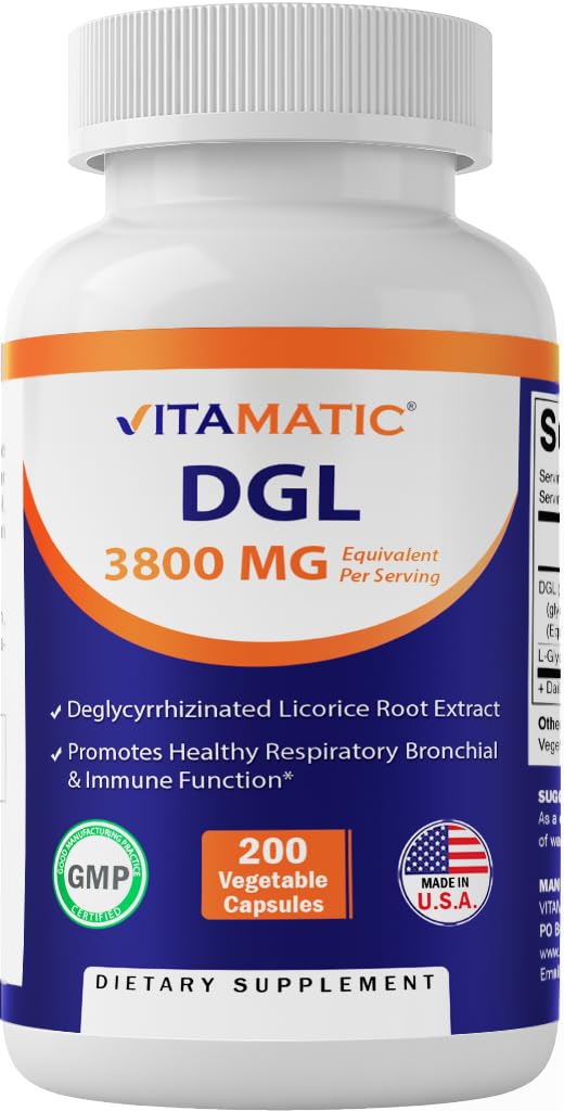 Vitamatic DGL Licorice 10:1 Extract 380 mg (3800mg Equivalent of Licorice Root) - 10X Stronger - Supports Healthy Digestive & Respiratory Functions - 200 Capsules