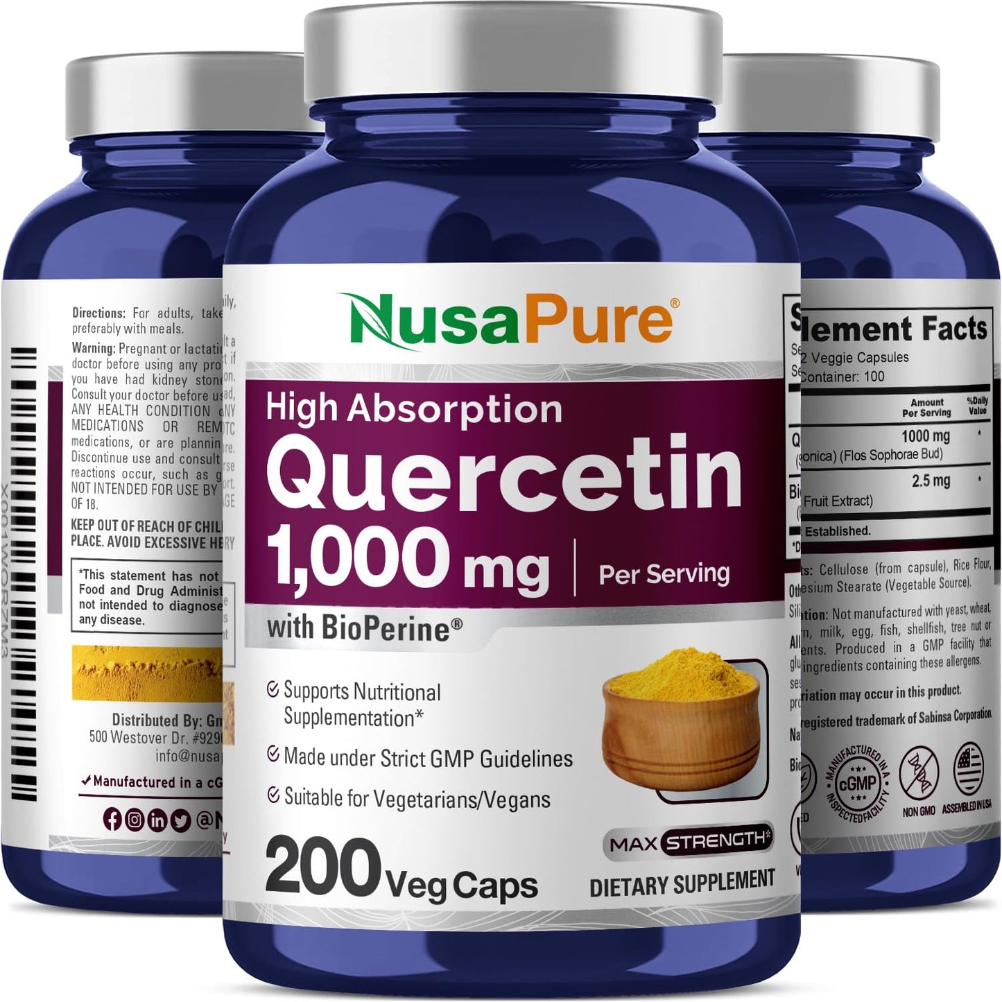NusaPure Quercetin - Suitable for Vegetarian/Vegan, Non - GMO - 1000 mg - 200 Capsules