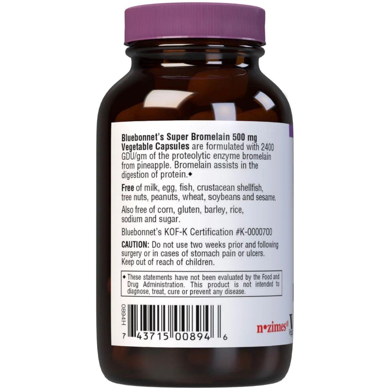 Side label of Bluebonnet Super Bromelain 500 mg Vegetable Capsules explaining that it is formulated with bromelain from pineapple to support protein digestion, is free of common allergens, and includes a caution about surgery, stomach pain, or ulcers.
