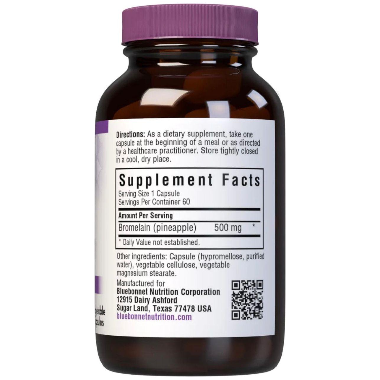 Bluebonnet Super Bromelain back label with directions to take one capsule at the beginning of a meal, supplement facts showing bromelain from pineapple 500 mg per capsule, 60 servings per container, other ingredients, and Bluebonnet Nutrition Corporation details.