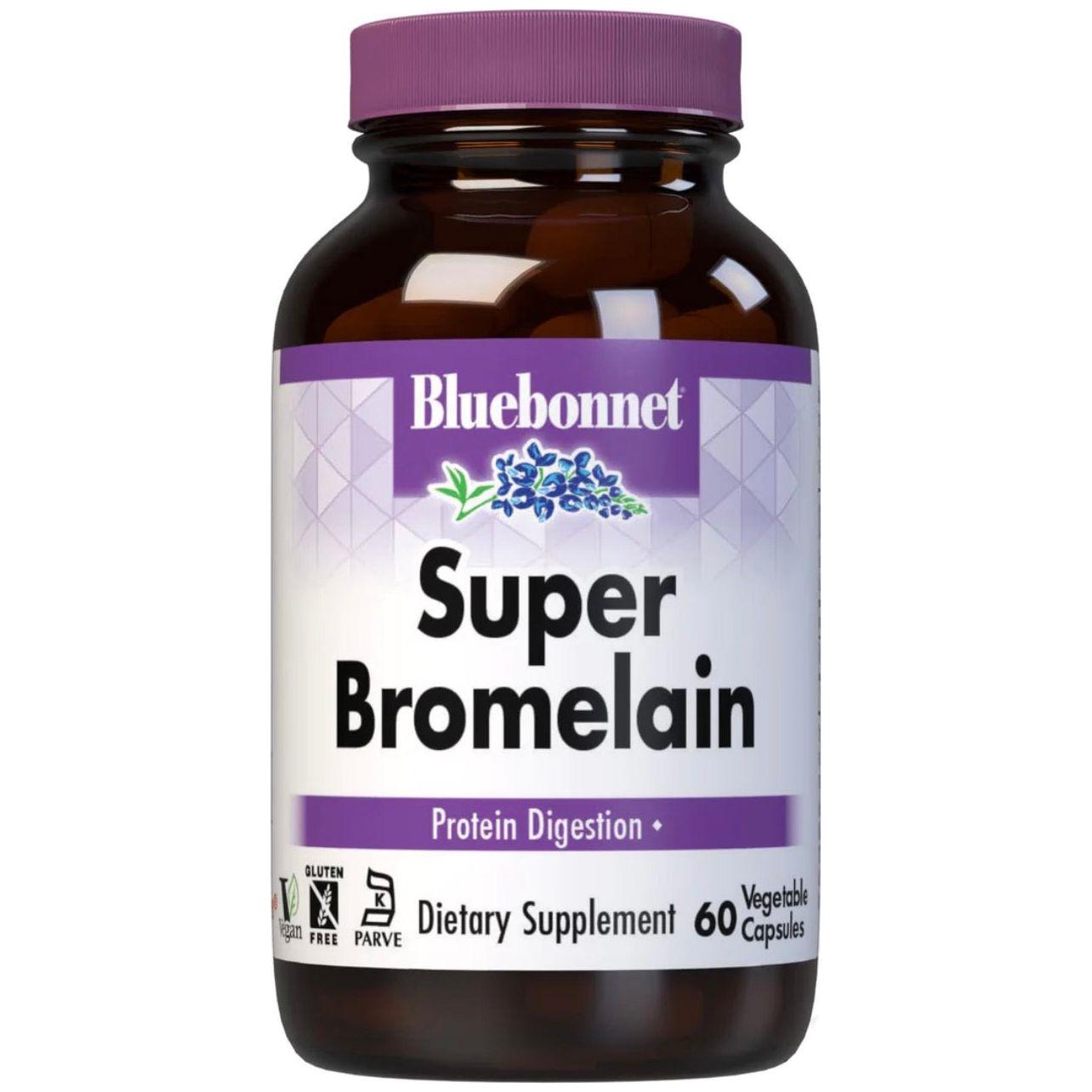 Bottle of Bluebonnet Super Bromelain protein digestion dietary supplement, 60 vegetable capsules.