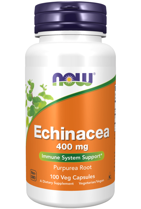NOW Echinacea 400 mg Purpurea Root dietary supplement bottle, immune system support formula with 100 vegetarian and vegan capsules.