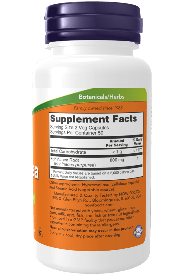 Back label of NOW Echinacea 400 mg immune system support supplement showing supplement facts, serving size 2 veg capsules, echinacea root 800 mg, other ingredients, allergen information, and storage directions.