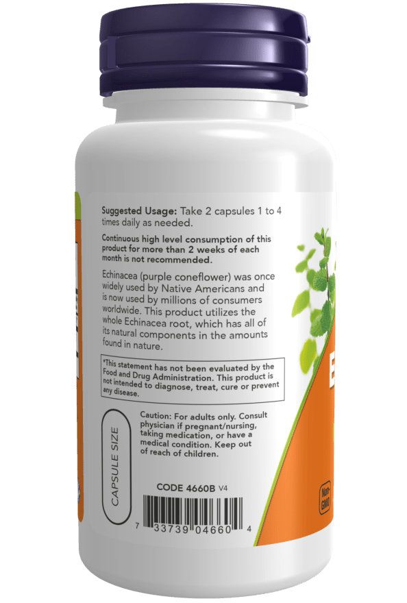 NOW Echinacea 400 mg Immune System Support bottle label showing suggested usage of 2 capsules 1 to 4 times daily, echinacea purpurea information, FDA disclaimer, adult caution statement, capsule size, product code 4660, and barcode.