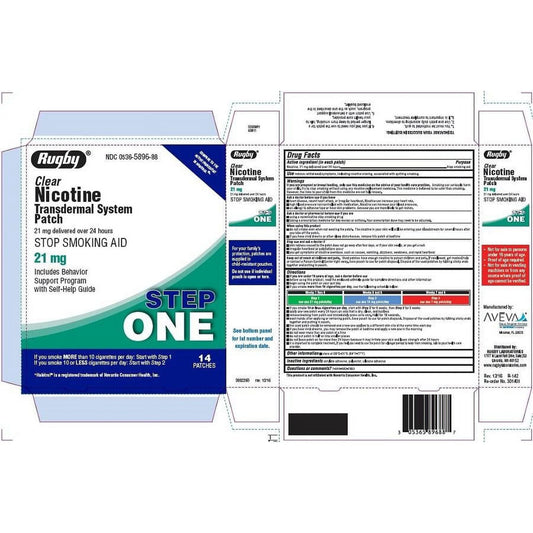 Rugby Clear Nicotine Transdermal System Patch Step One package showing 21 mg delivered over 24 hours, stop smoking aid, includes Behavior Support Program with Self-Help Guide, 14 patches, and drug facts label.